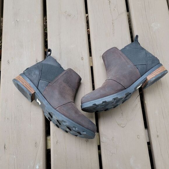 Sorel Emelie Blackened Brown Oiled Leather Waterproof Chelsea Ankle Boots Bootie - Picture 4 of 9